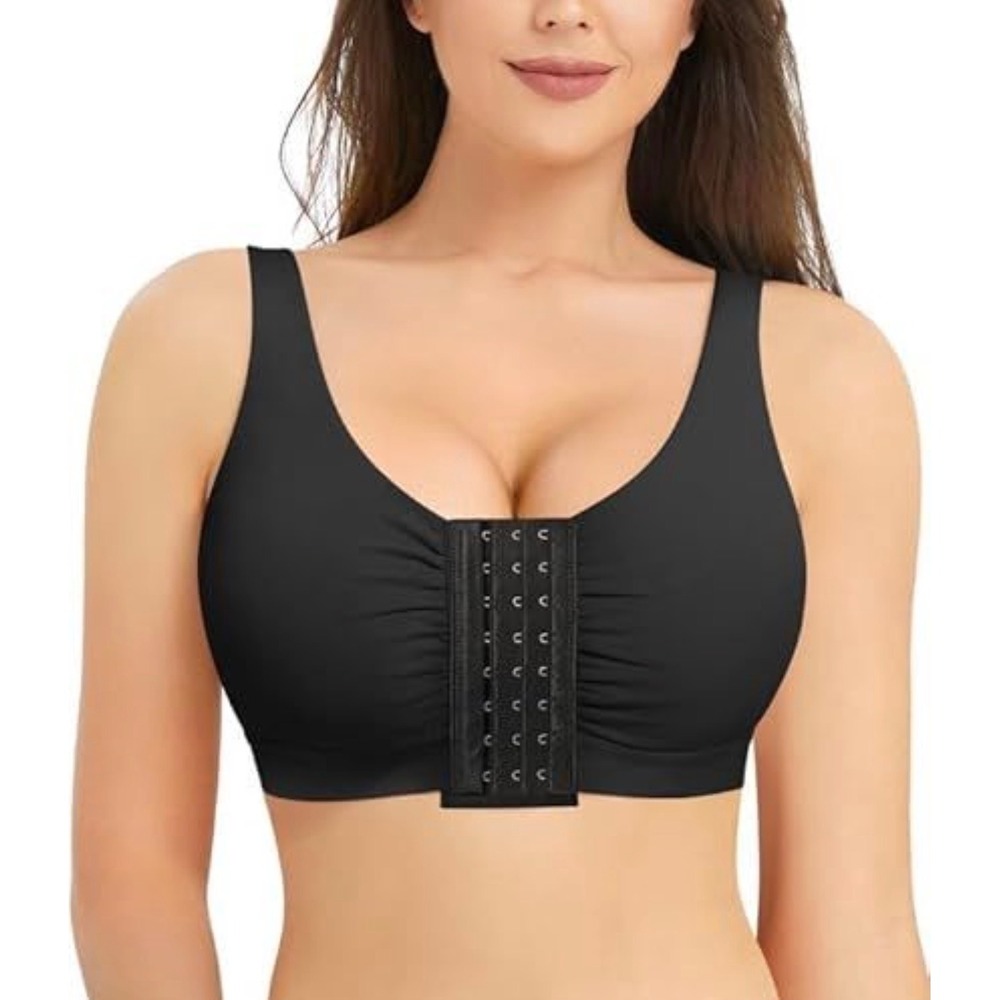Brabic Front Closure Post Surgery Minimizer Bra Black Wireless Full Coverage S